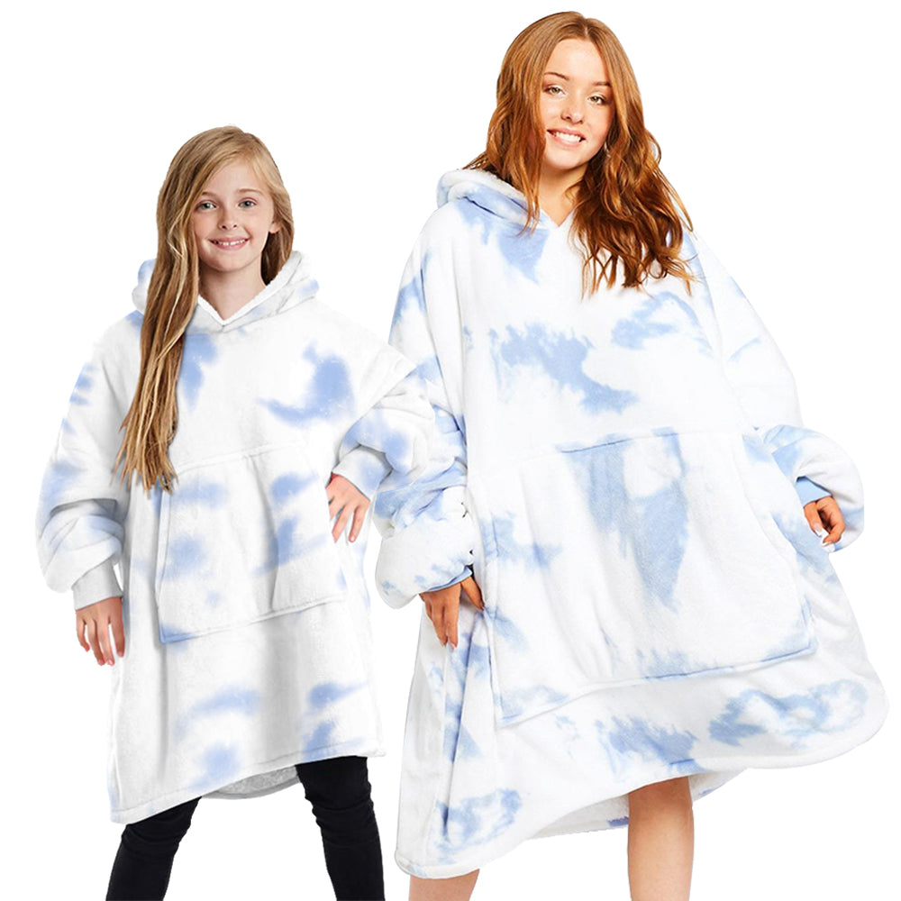 Oversized Soft Pullover Plain Hoodie Warm Fleece Blanket Plush Winter Sweatshirt, Blue Tie-Dye, Adult