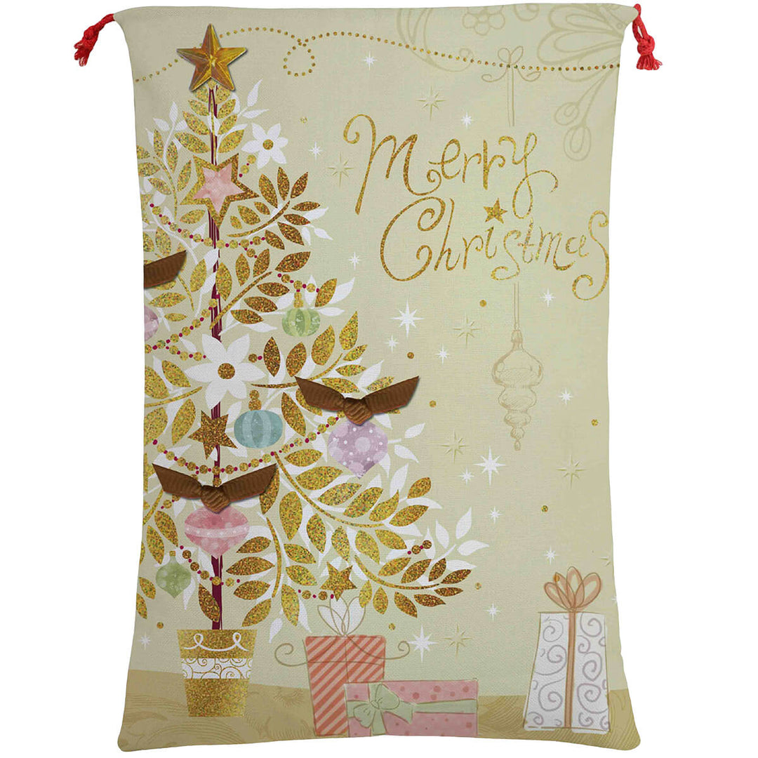 50x70cm Canvas Hessian Christmas Santa Sack Xmas Stocking Reindeer Kids Gift Bag, Merry Christmas Golden Tree