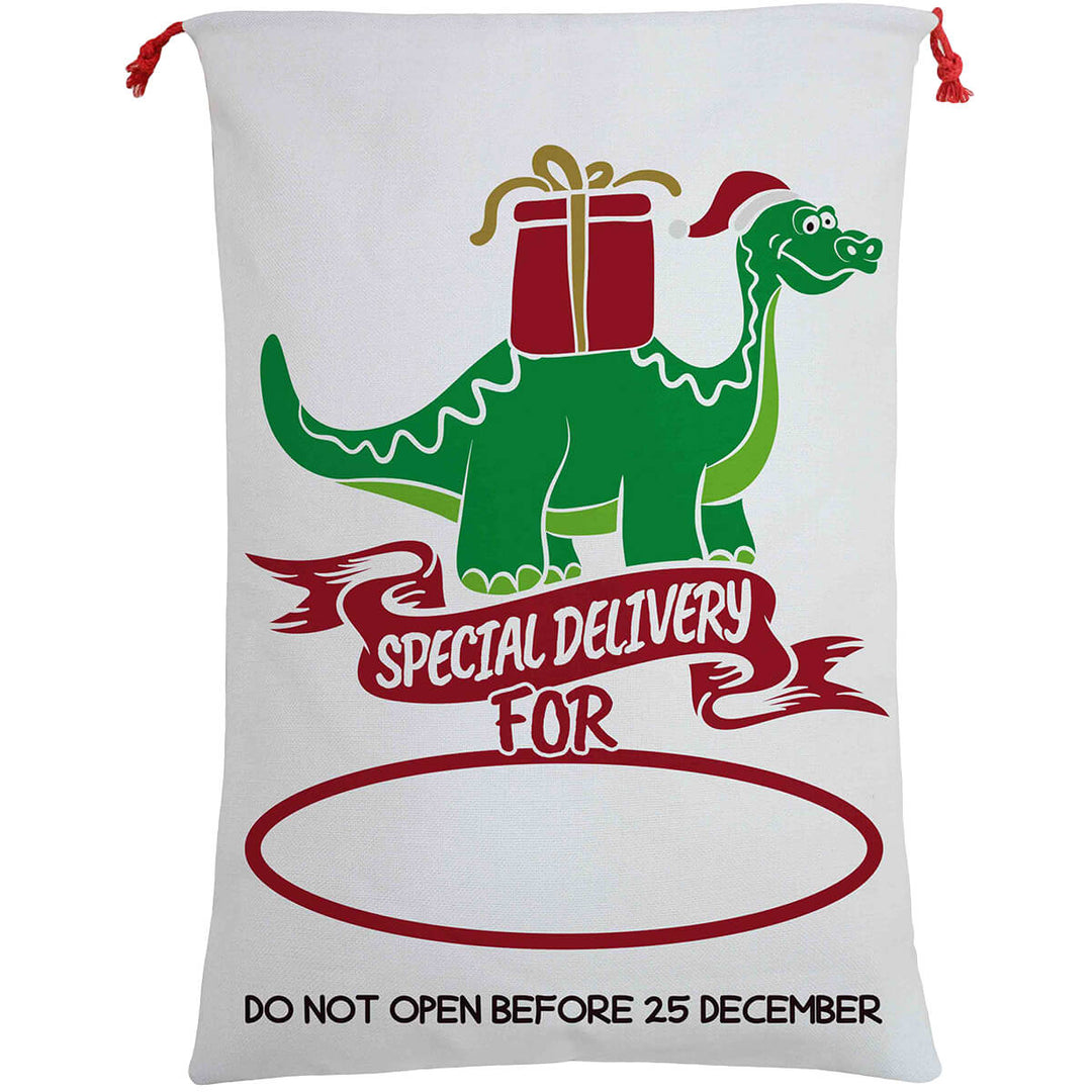 50x70cm Canvas Hessian Christmas Santa Sack Xmas Stocking Reindeer Kids Gift Bag, Special Delivery By Dinosaur