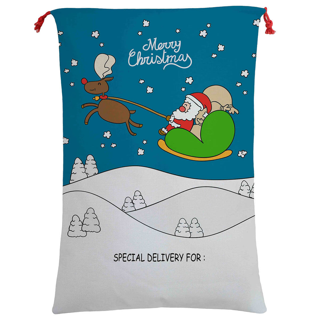 Large Christmas XMAS Hessian Santa Sack Stocking Bag Reindeer Children Gifts Bag, Cartoon Santa Fly