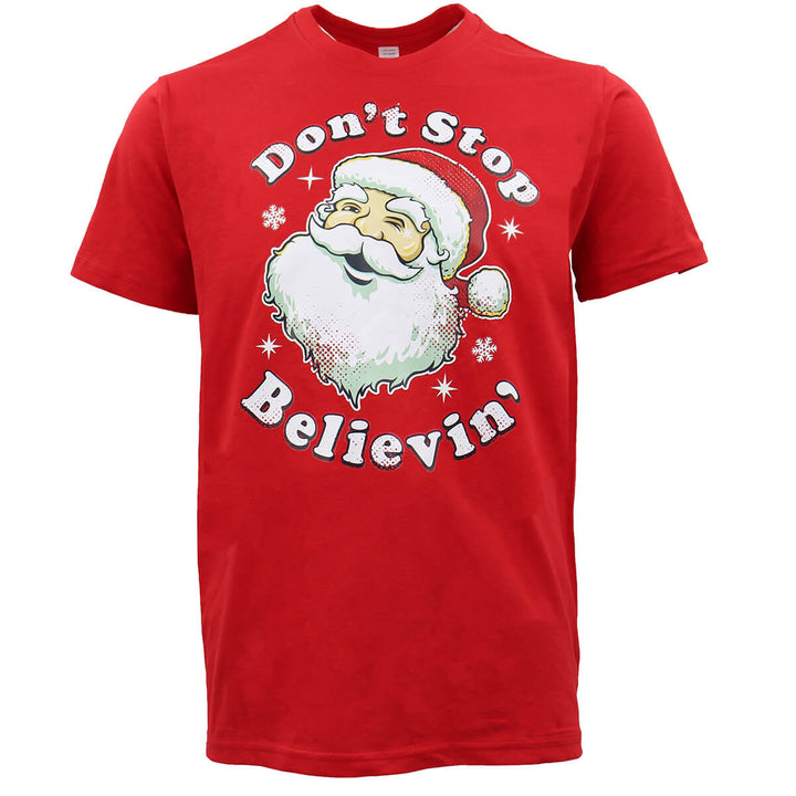 New Funny Adult Xmas Christmas T Shirt Tee Mens Womens 100% Cotton Jolly Ugly, Don't Stop Believin' (Red), XS