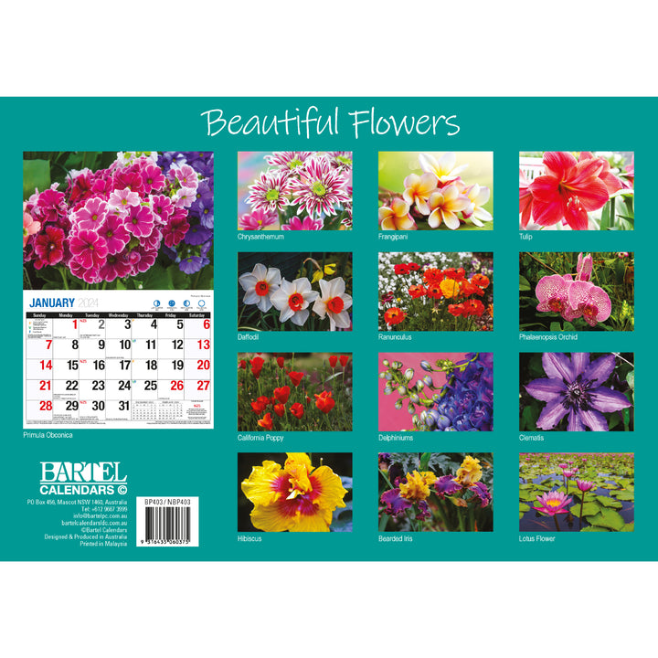 Beautiful Flowers - 2024 Rectangle Wall Calendar 16 Months Floral Art Home Decor