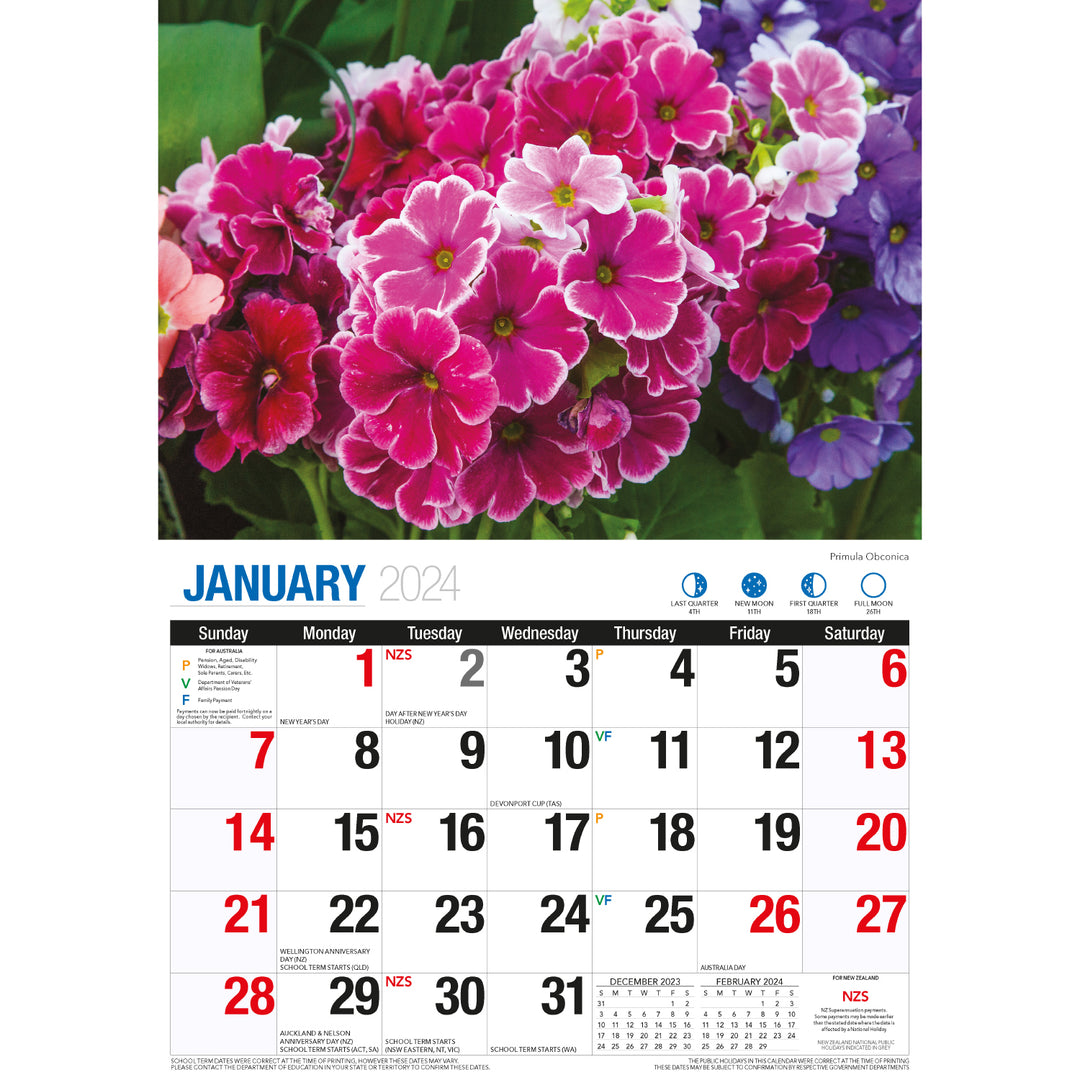 Beautiful Flowers - 2024 Rectangle Wall Calendar 16 Months Floral Art Home Decor