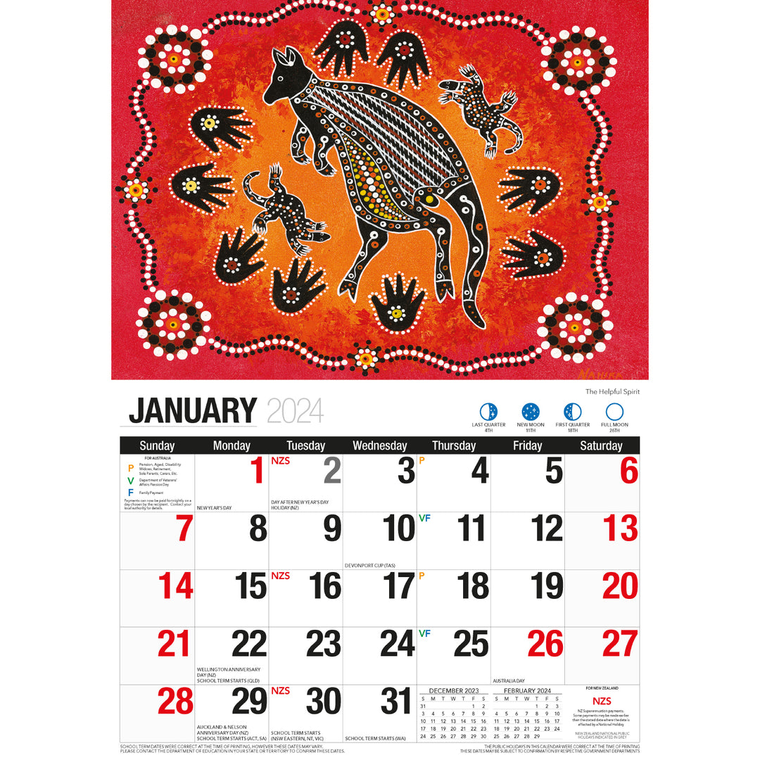 The Dreamtime - 2024 Rectangle Wall Calendar 16 Months Aboriginal Art New Year