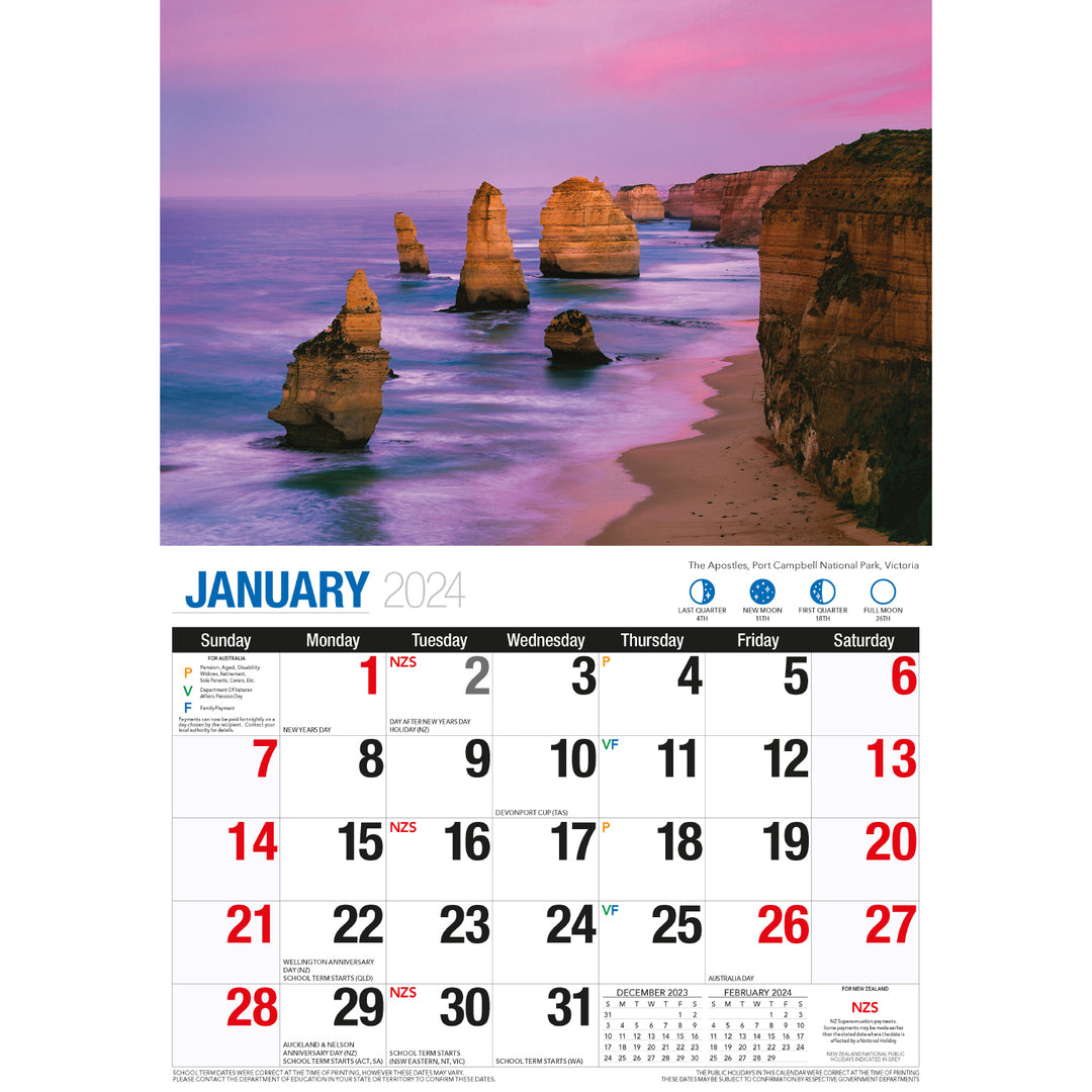 Beautiful Australia - 2024 Rectangle Wall Calendar 16 Months Scenic Landscapes