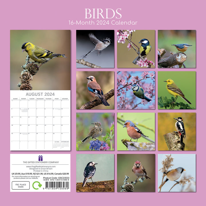 Birds - 2024 Square Wall Calendar Pets Animals 16 Months Premium Planner Gift