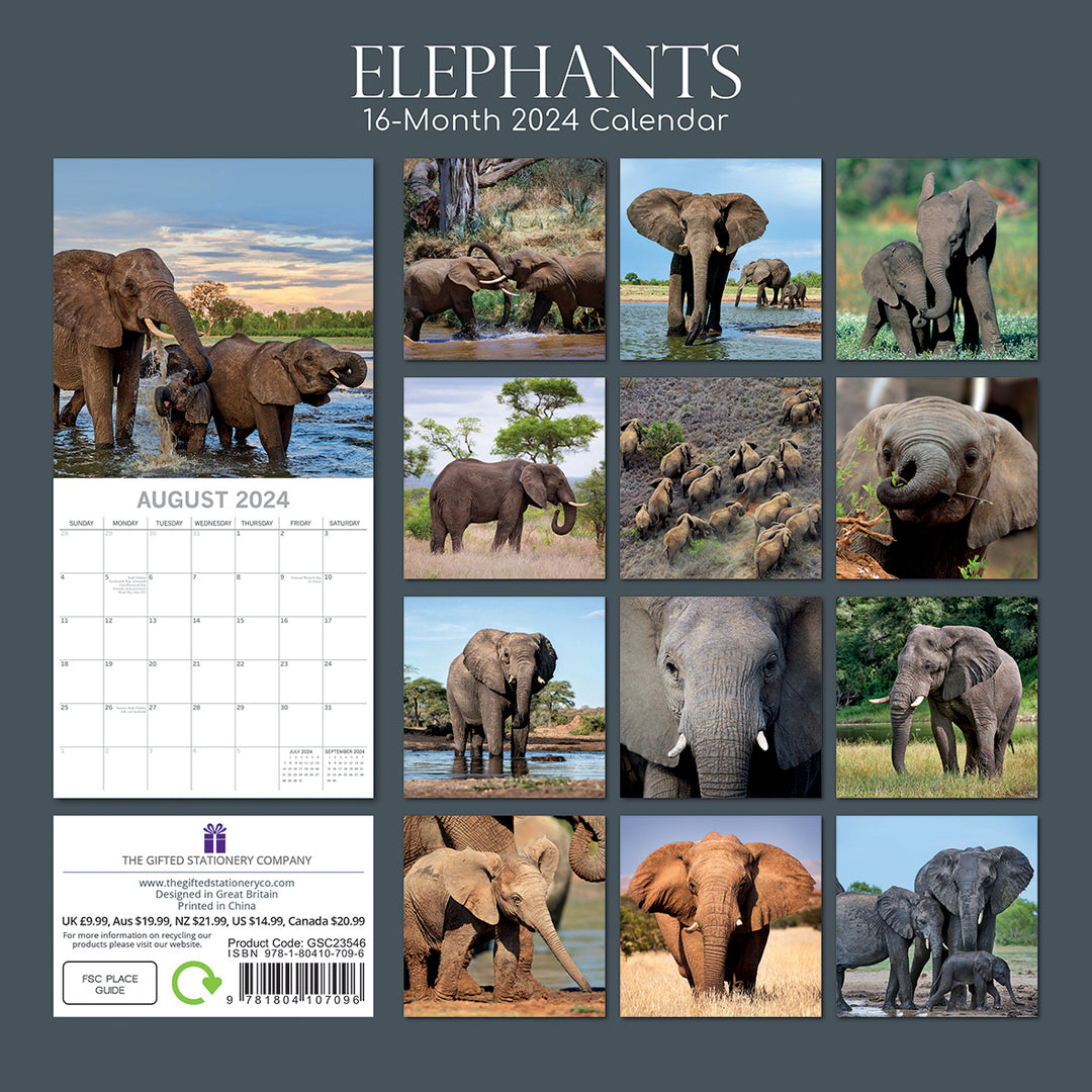 Elephants 2024 Square Wall Calendar Pets Animals 16 Months New Year Planner Gift