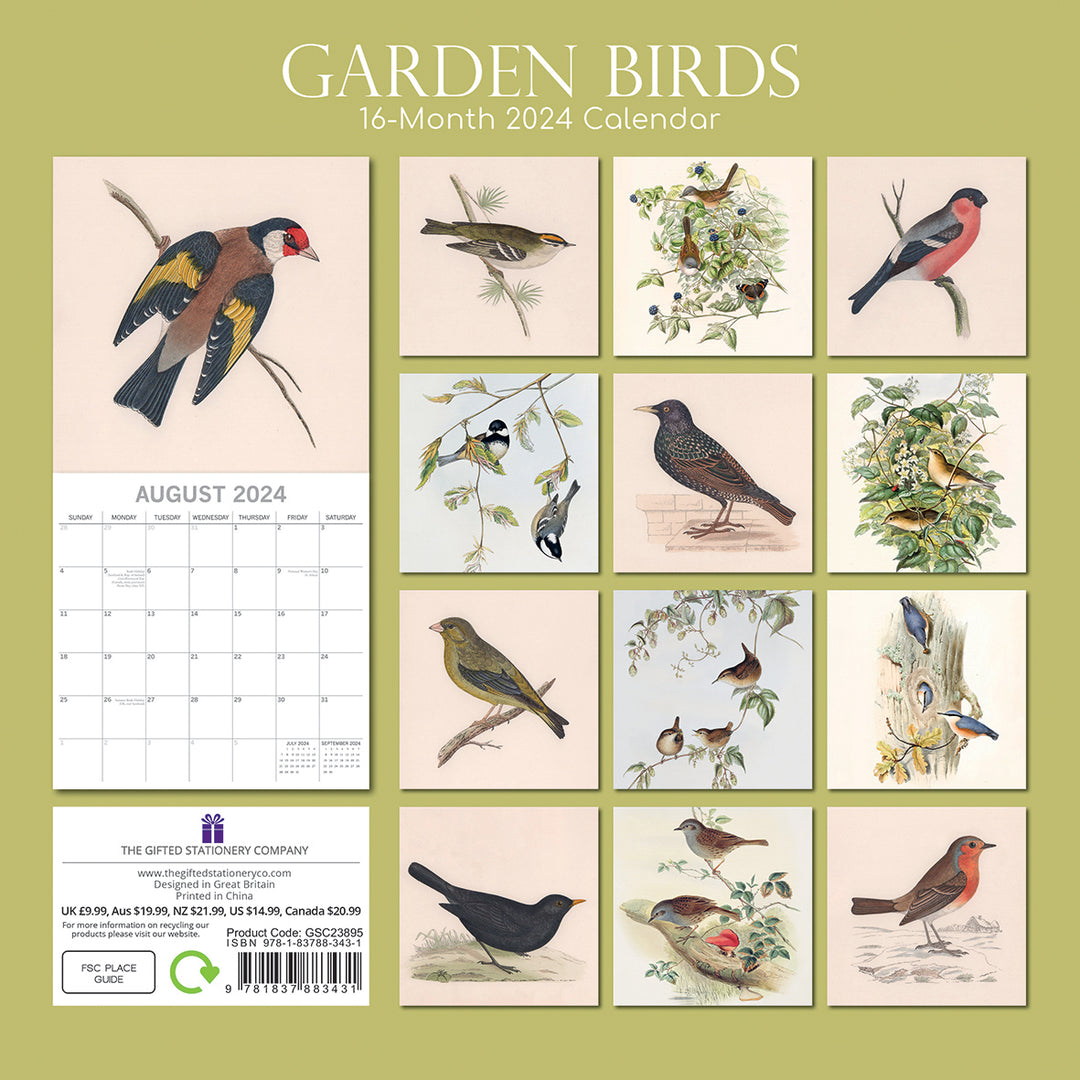 Illustrated Garden Birds - 2024 Square Wall Calendar Pets Animals 16 Months