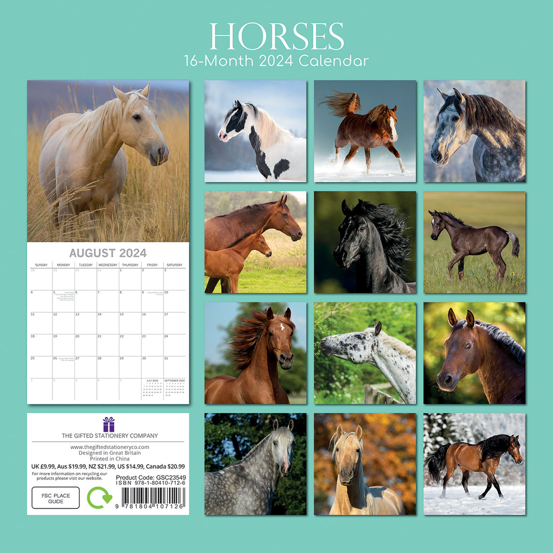 Horses - 2024 Square Wall Calendar Pets Animals 16 Months New Year Planner Gift