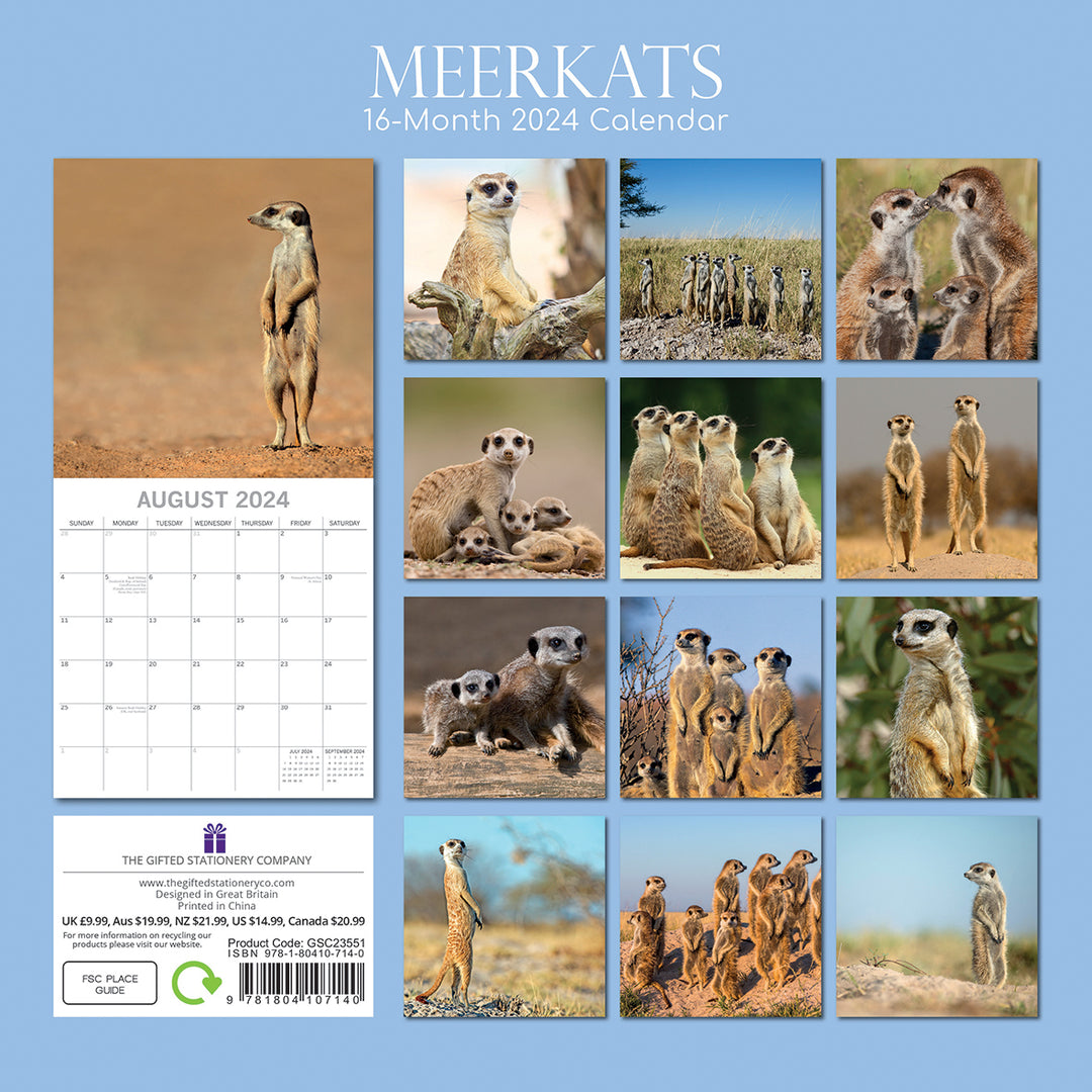 Meerkats - 2024 Square Wall Calendar Pets Animals 16 Months Premium Planner Gift