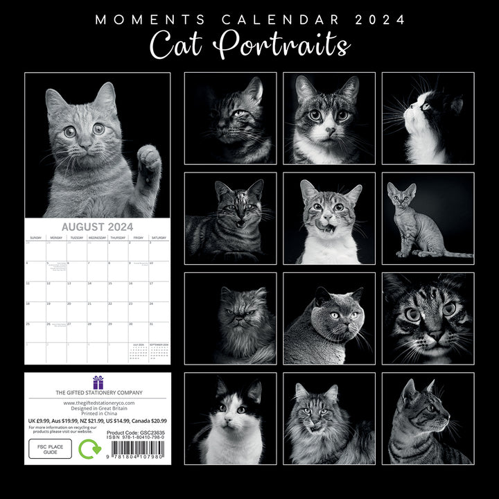 Cat Portraits - 2024 Square Wall Calendar 16 Months Black & White Planner Gift