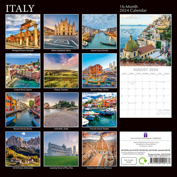 Italy 2024 Square Wall Calendar 16 Month Premium Planner Christmas New Year Gift