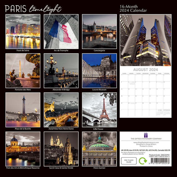 Paris Limelight - 2024 Square Wall Calendar 16 Months Planner Xmas New Year Gift