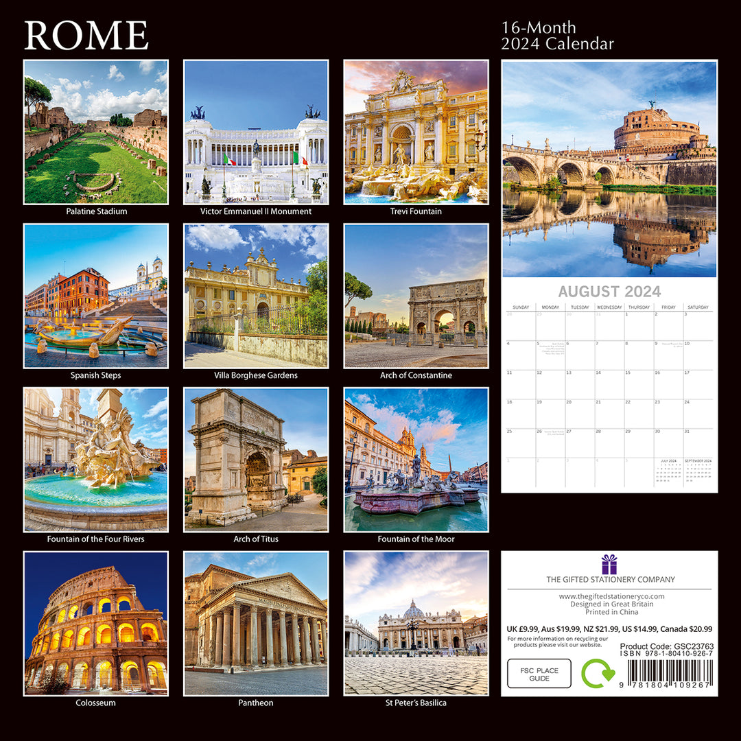 Rome 2024 Square Wall Calendar 16 Months Premium Planner Christmas New Year Gift