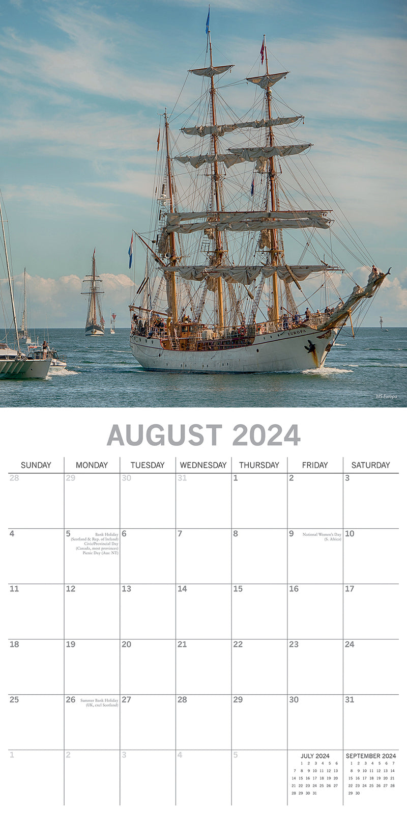 Tall Ships - 2024 Square Wall Calendar 16 Months Planner Christmas New Year Gift