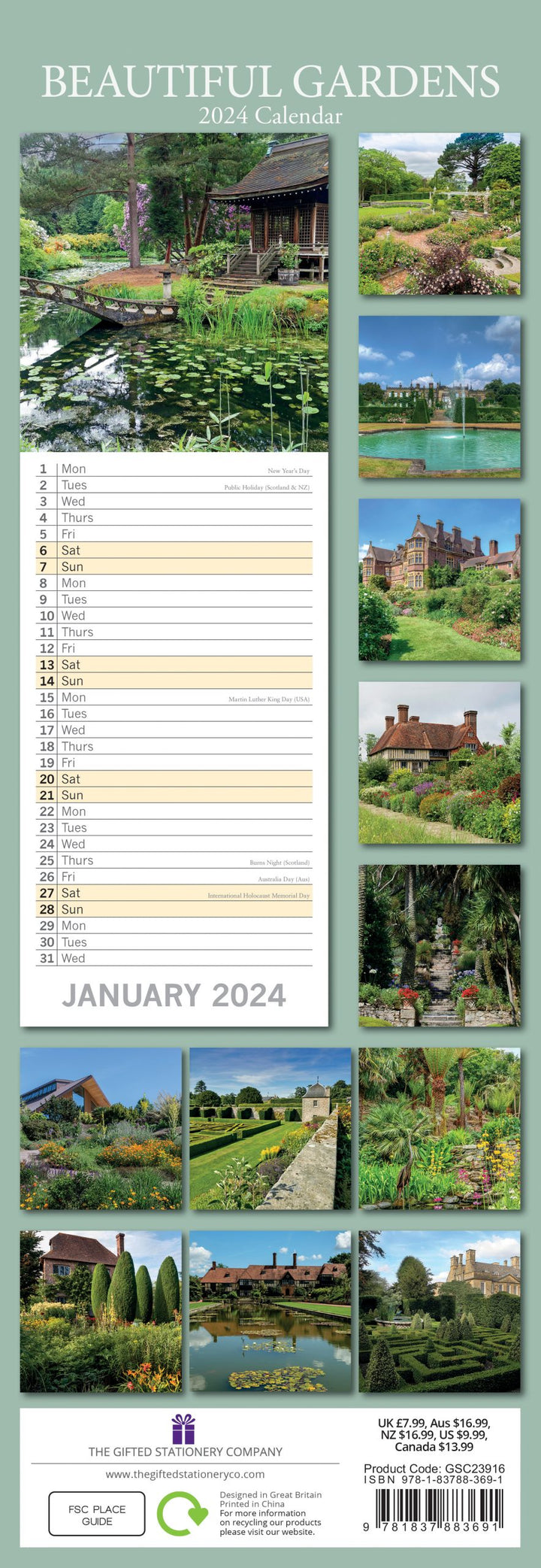 Beautiful Gardens 2024 Slimline Slim Wall Calendar Hanging Planner New Year Gift