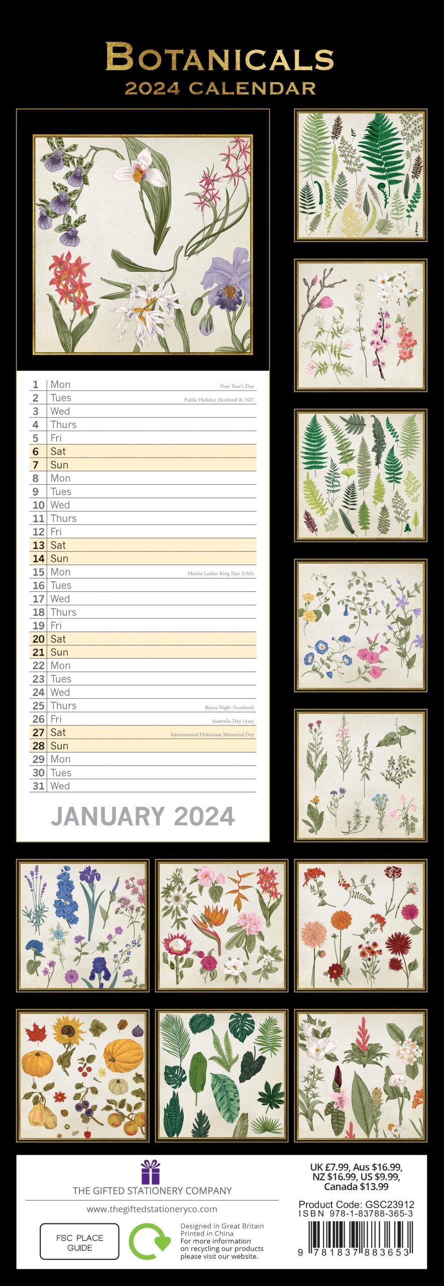 Botanicals - 2024 Slimline Slim Wall Calendar Hanging Planner New Year Gift