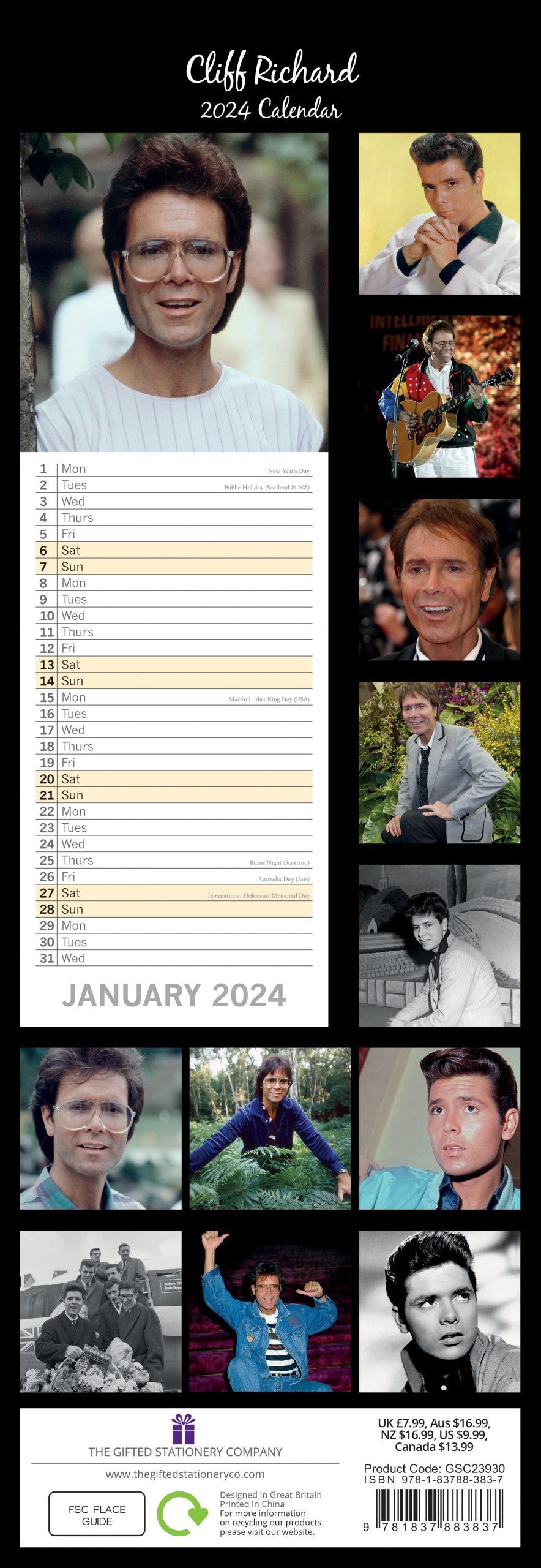 Cliff Richard - 2024 Slimline Slim Wall Calendar Hanging Planner New Year Gift