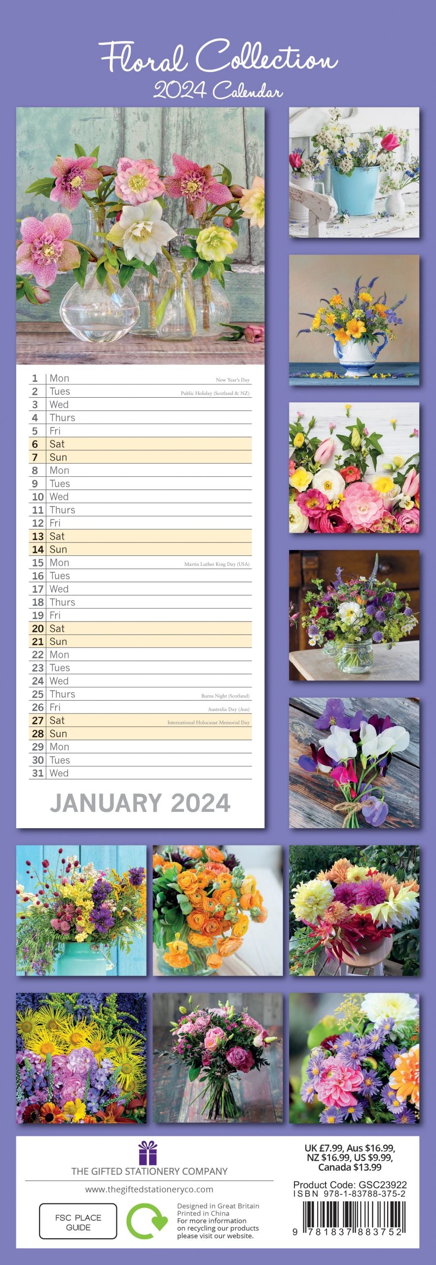 Floral Collection 2024 Slimline Slim Wall Calendar Hanging Planner New Year Gift