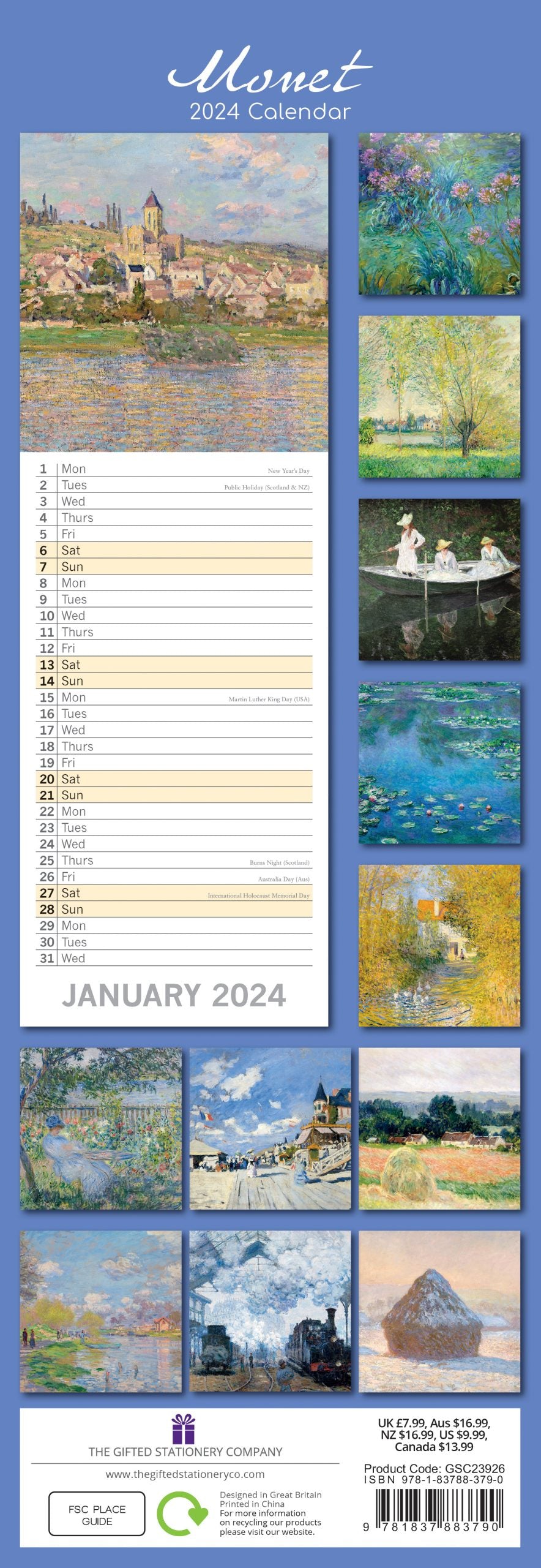 Monet - 2024 Slimline Slim Wall Calendar Hanging Planner New Year Gift