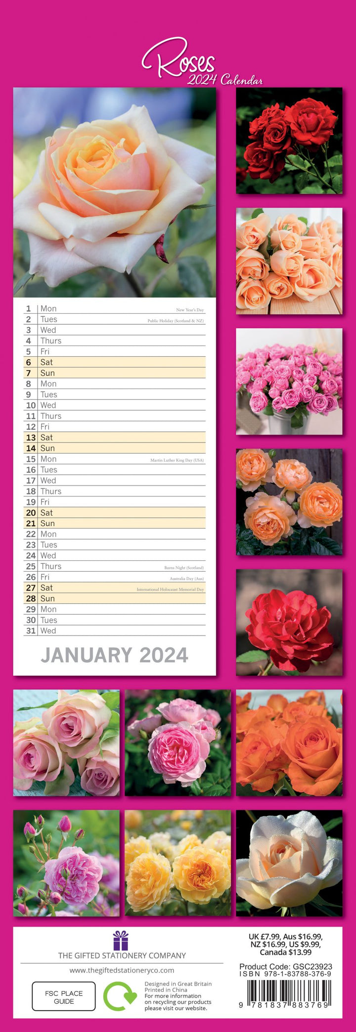 Roses - 2024 Slimline Slim Wall Calendar Hanging Planner New Year Gift