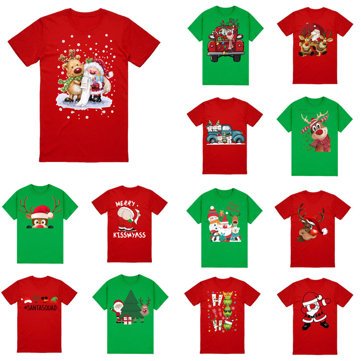 100% Cotton Christmas T-shirt Adult Unisex Tee Tops Funny Santa Party Custume, Reindeer Head (Green), 3XL