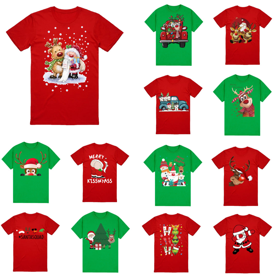 100% Cotton Christmas T-shirt Adult Unisex Tee Tops Funny Santa Party Custume, Reindeer Wink (Green), 3XL