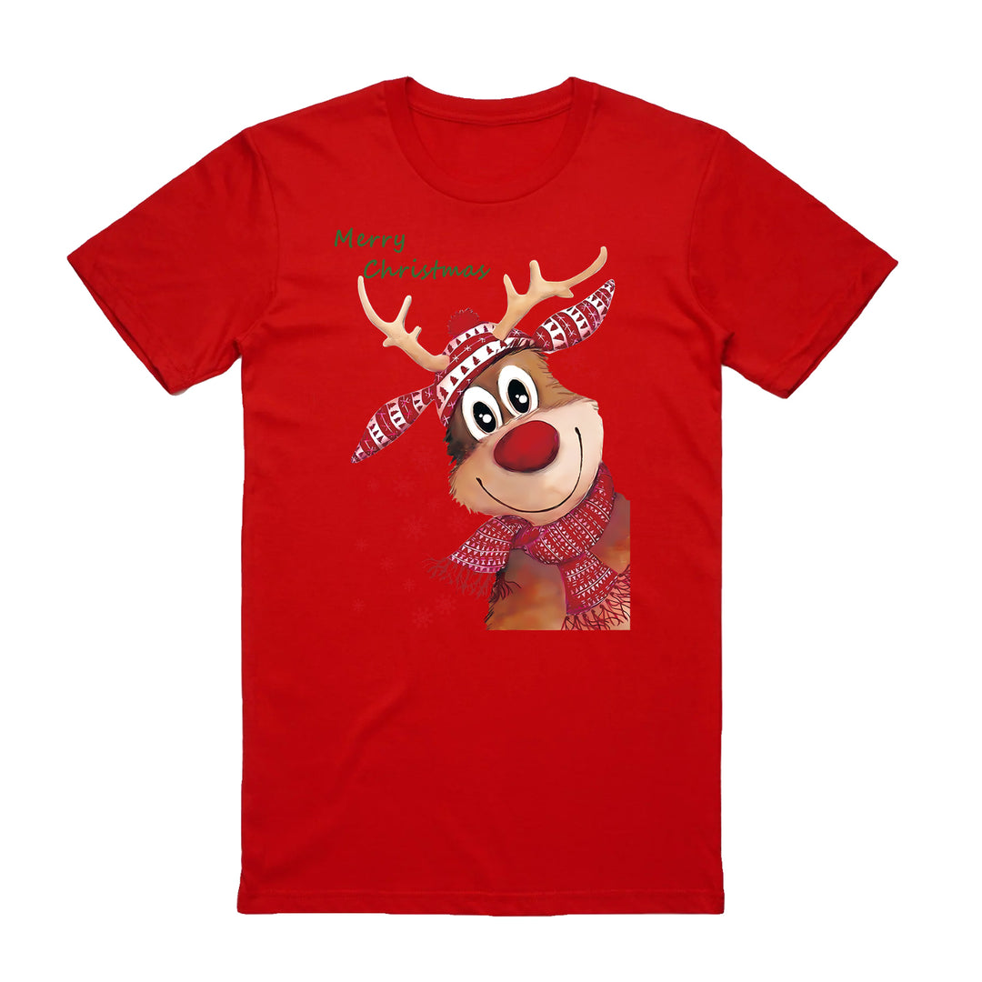 100% Cotton Christmas T-shirt Adult Unisex Tee Tops Funny Santa Party Custume, Reindeer (Red), XL