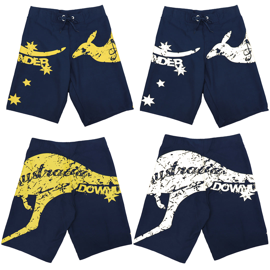 Men's Adult Board Shorts Australia Day Kangaroo Down Under Souvenir Beach Wear, Navy/White, S