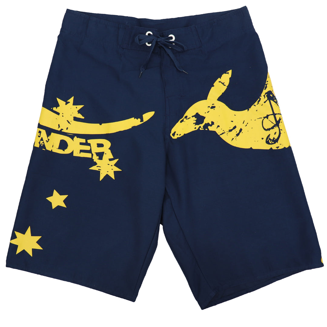 Men's Adult Board Shorts Australia Day Kangaroo Down Under Souvenir Beach Wear, Navy/Yellow, S