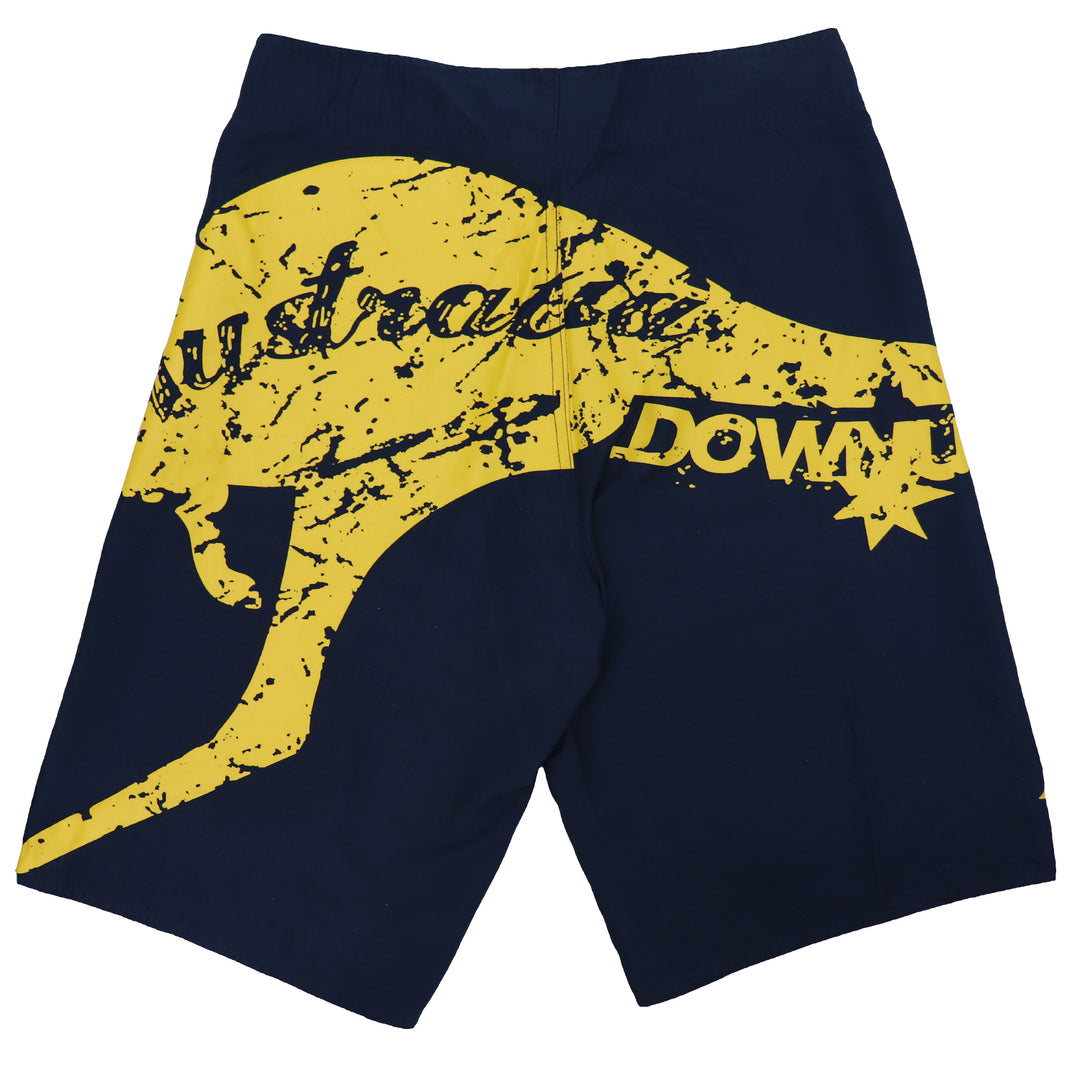 Men's Adult Board Shorts Australia Day Kangaroo Down Under Souvenir Beach Wear, Navy/Yellow, L