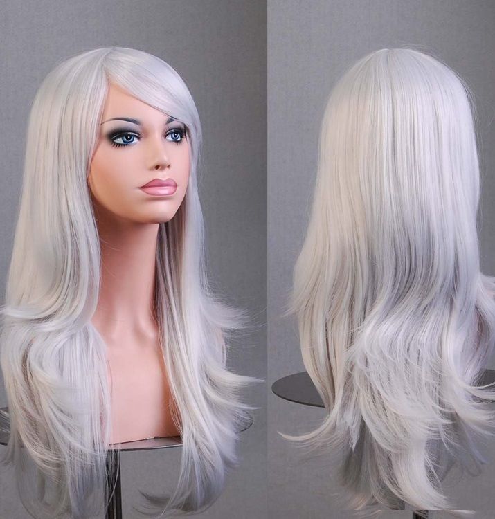 70cm Wavy Curly Sleek Full Hair Lady Wigs w Side Bangs Cosplay Costume Womens, Silver