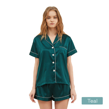 2pc satin short women pajamas set medium teal