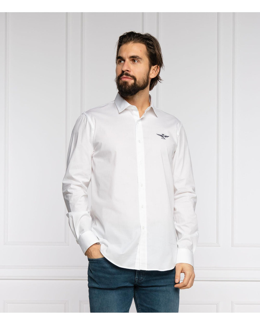 Aeronautica Militare White Cotton Shirt with Eagle Logo and Button Closure L Men