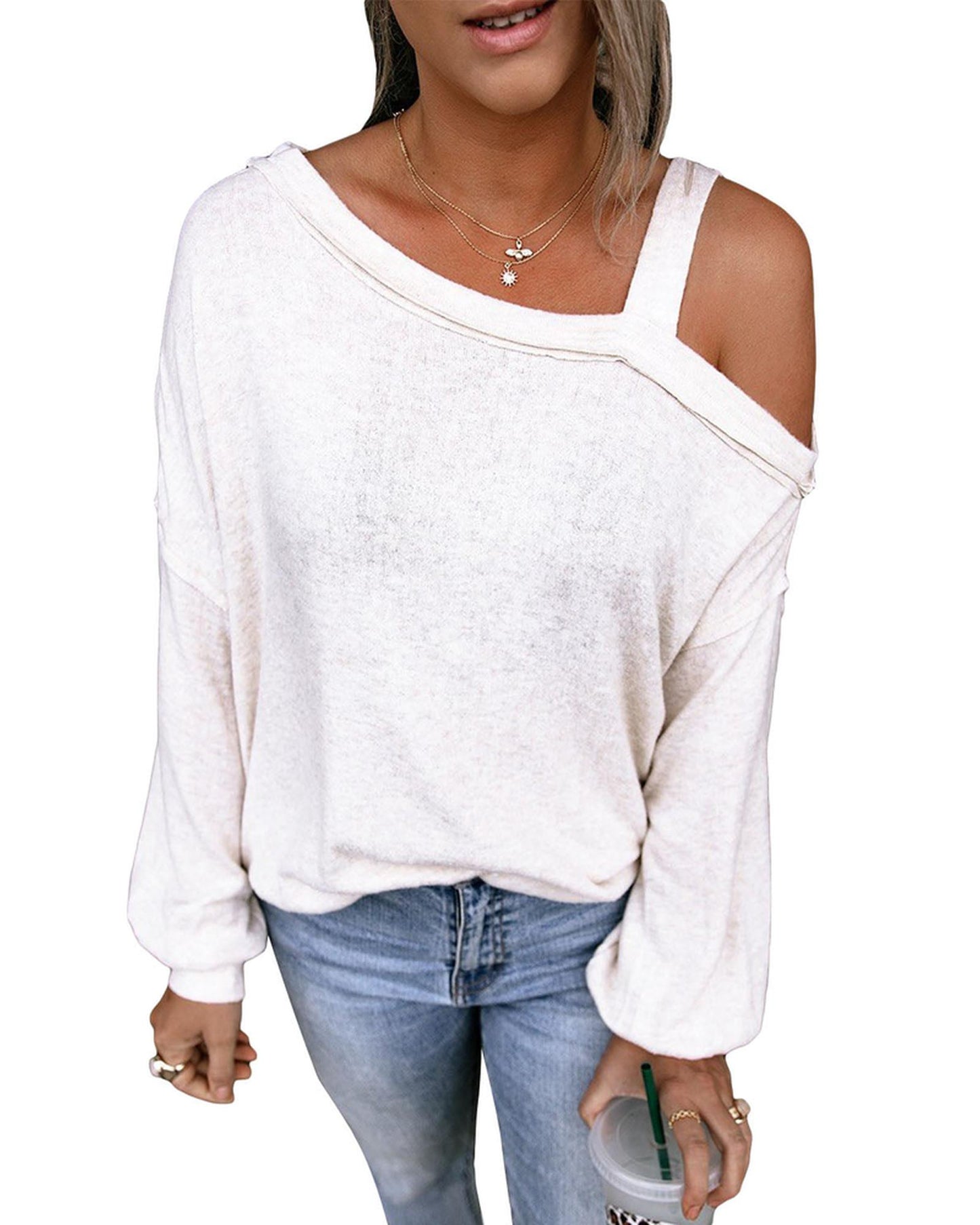 Azura Exchange Asymmetric Dew Shoulder Long Sleeve Top - L