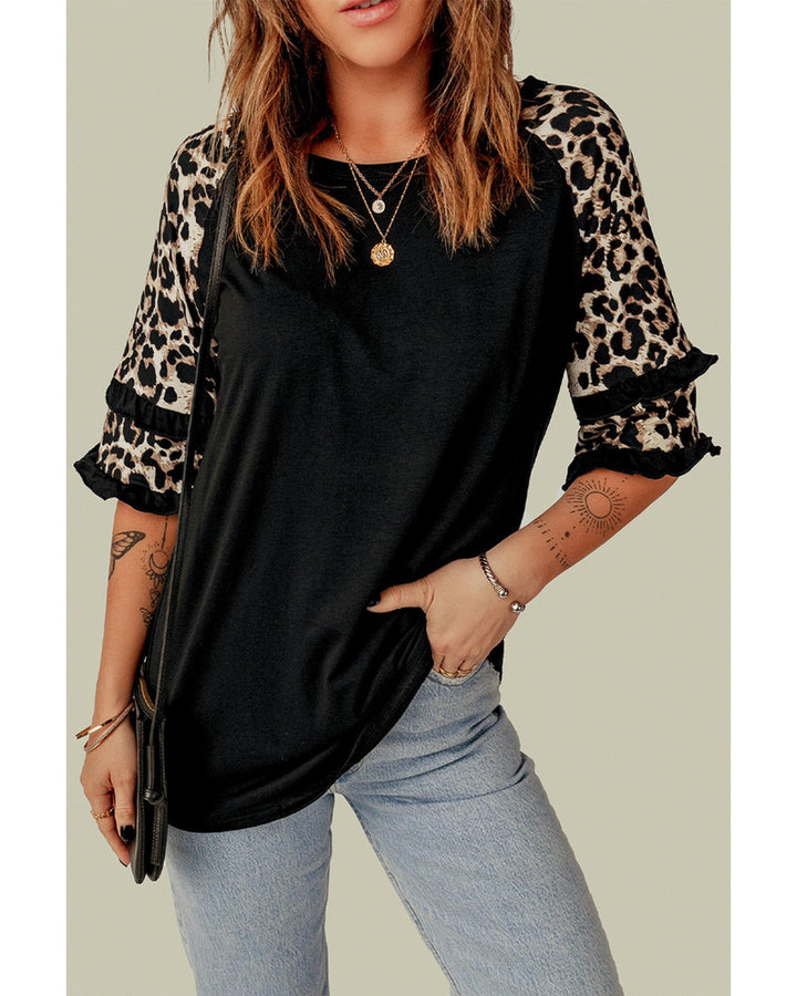 Azura Exchange Leopard Patchwork Ruffled Sleeve Top - XL