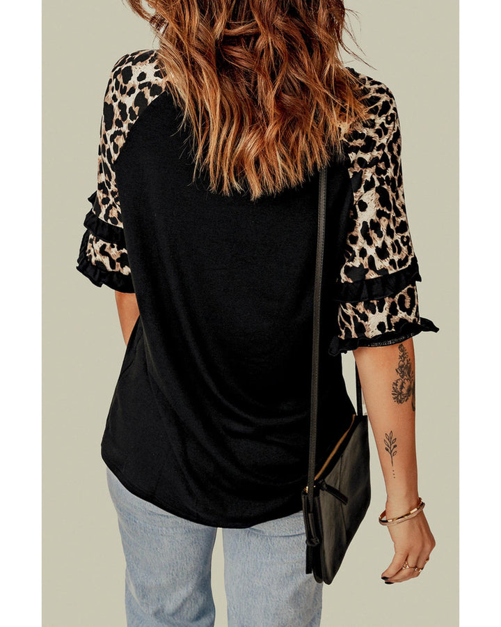 Azura Exchange Leopard Patchwork Ruffled Sleeve Top - XL