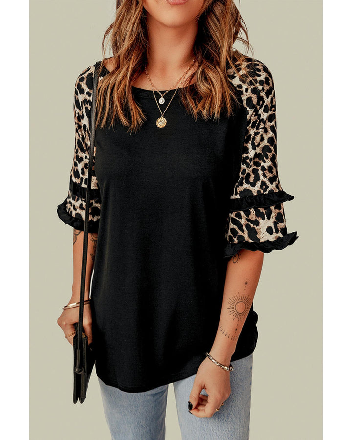 Azura Exchange Leopard Patchwork Ruffled Sleeve Top - XL