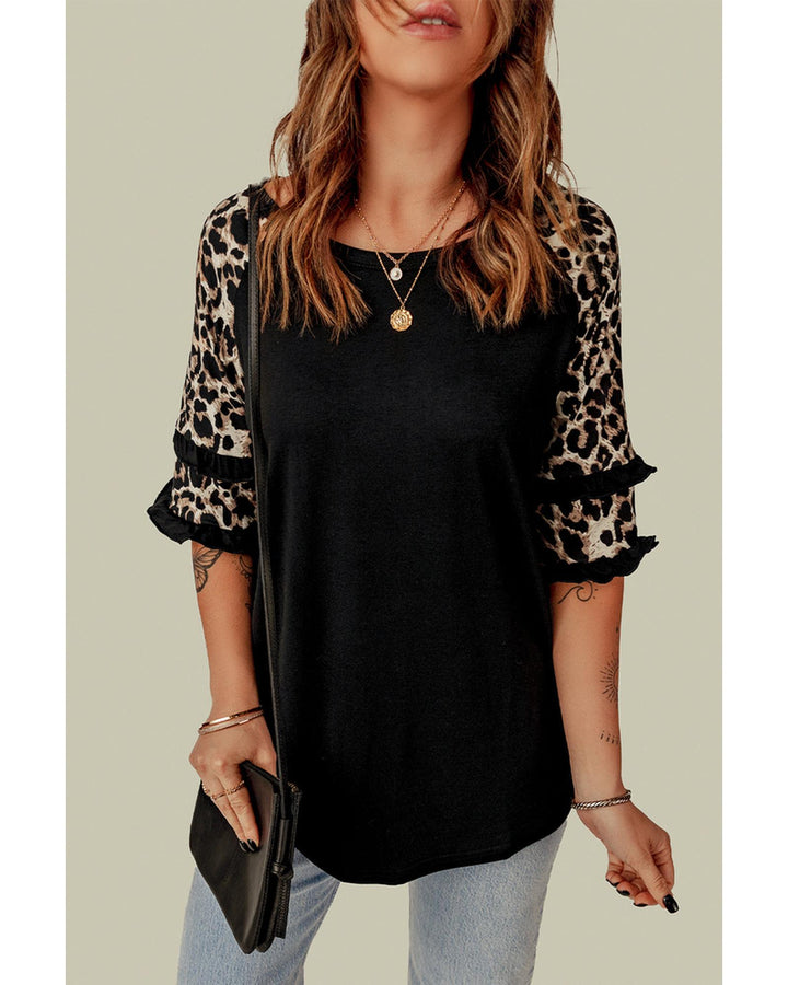 Azura Exchange Leopard Patchwork Ruffled Sleeve Top - XL