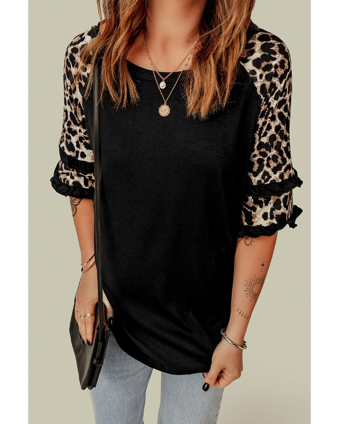 Azura Exchange Leopard Patchwork Ruffled Sleeve Top - XL