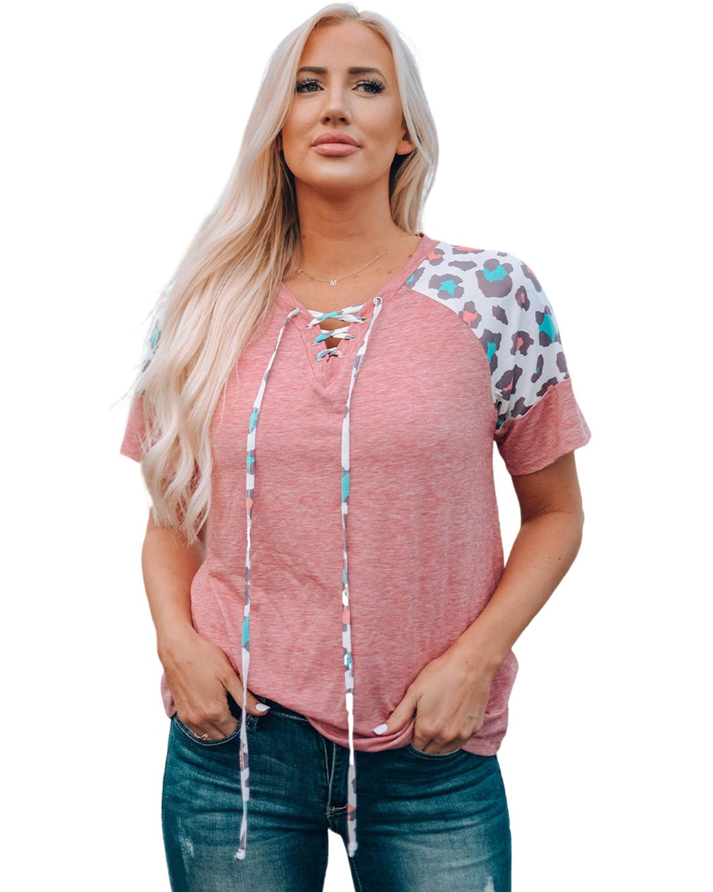 Azura Exchange Leopard Sleeve Lace-Up T-Shirt - S