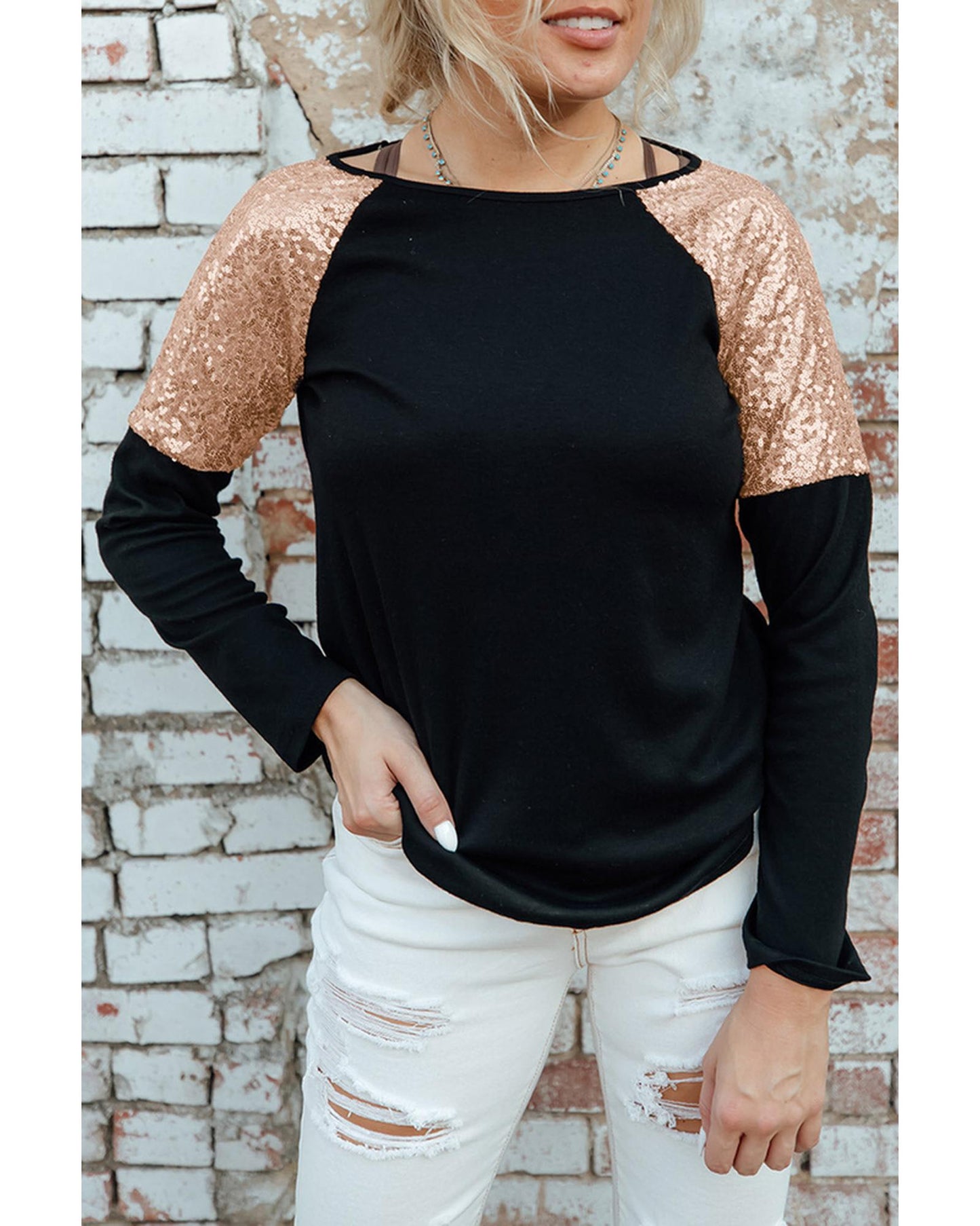 Azura Exchange Sequin Shoulder Long Sleeve Top - XL