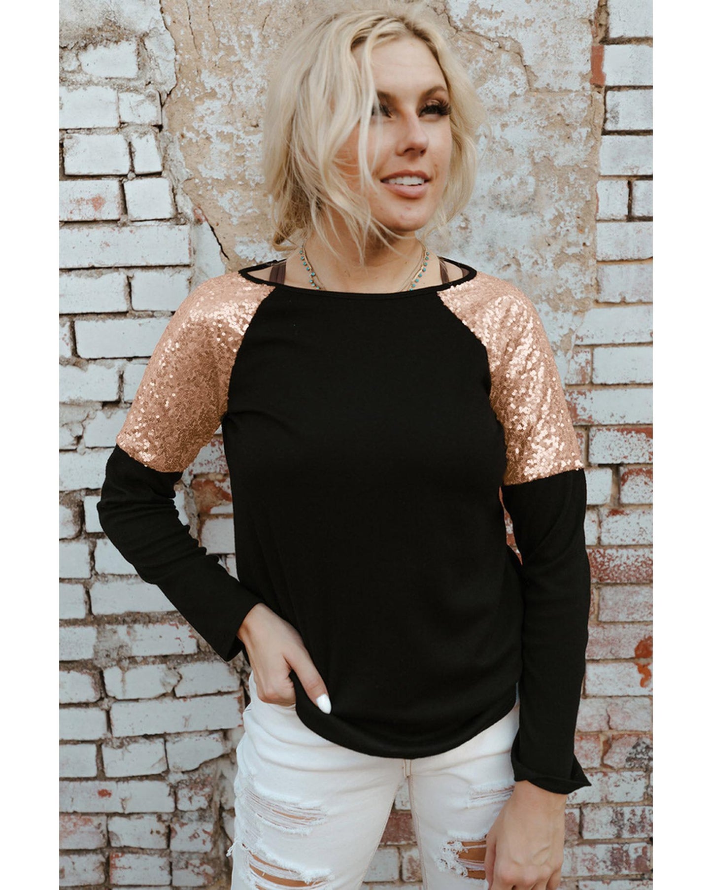 Azura Exchange Sequin Shoulder Long Sleeve Top - XL