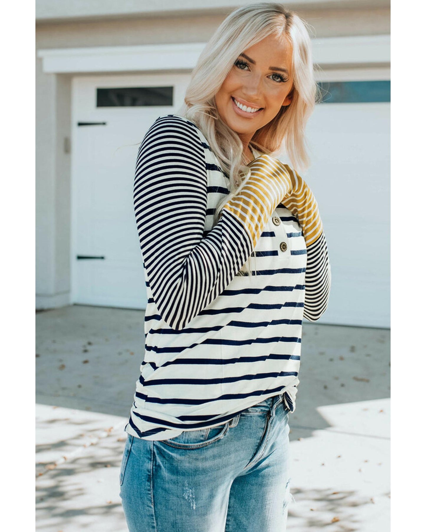 Azura Exchange Stripe Button Henley Top - L