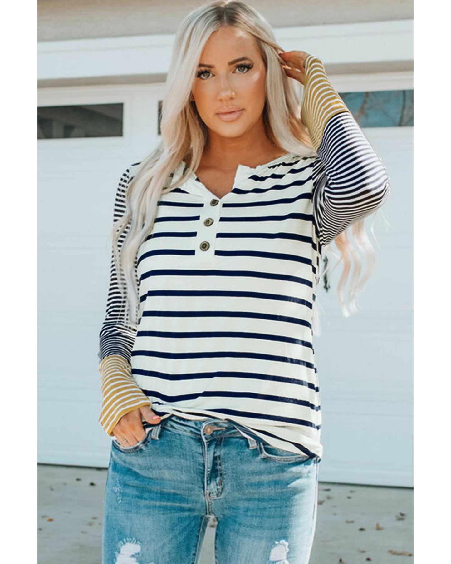 Azura Exchange Stripe Button Henley Top - L