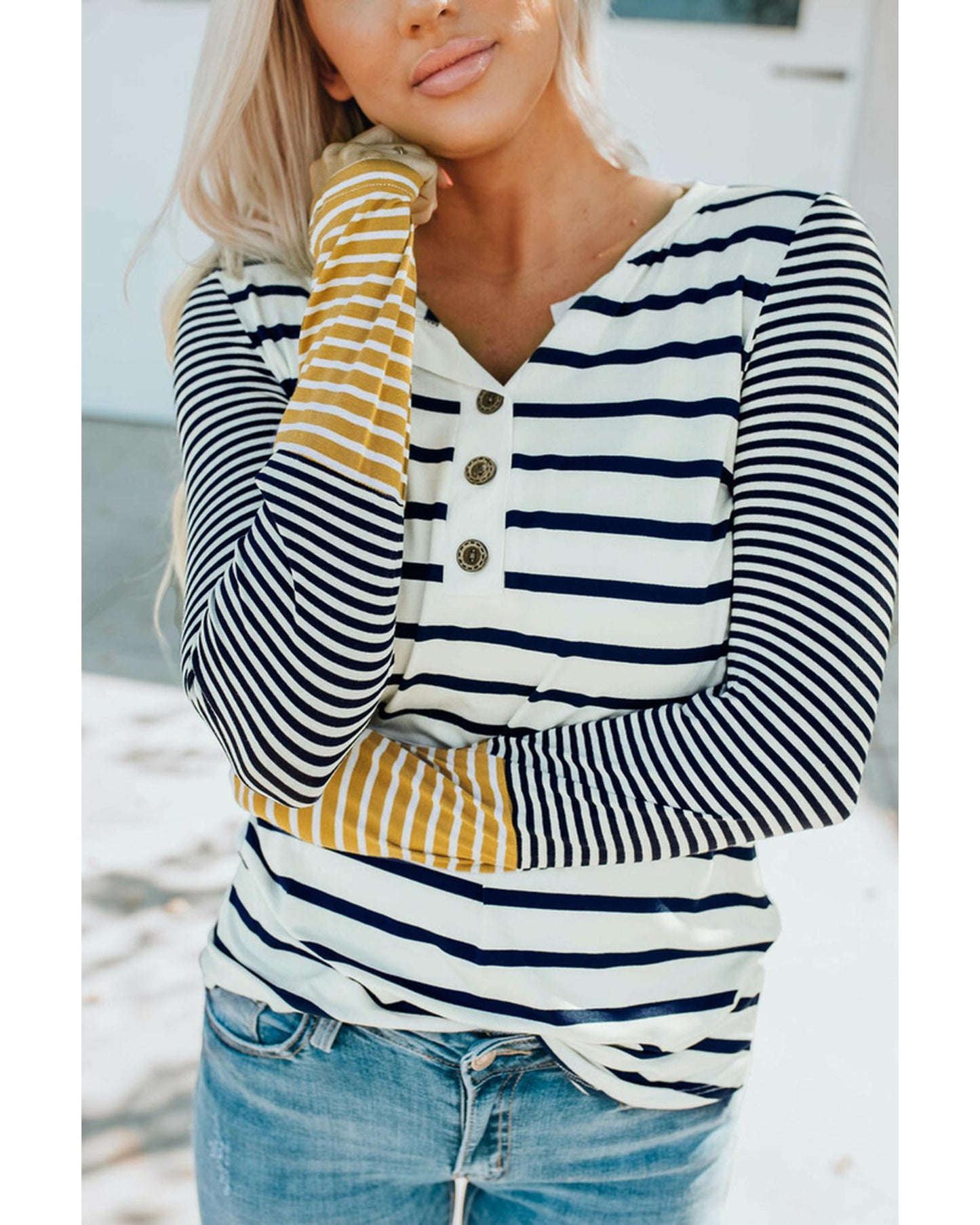 Azura Exchange Stripe Button Henley Top - L