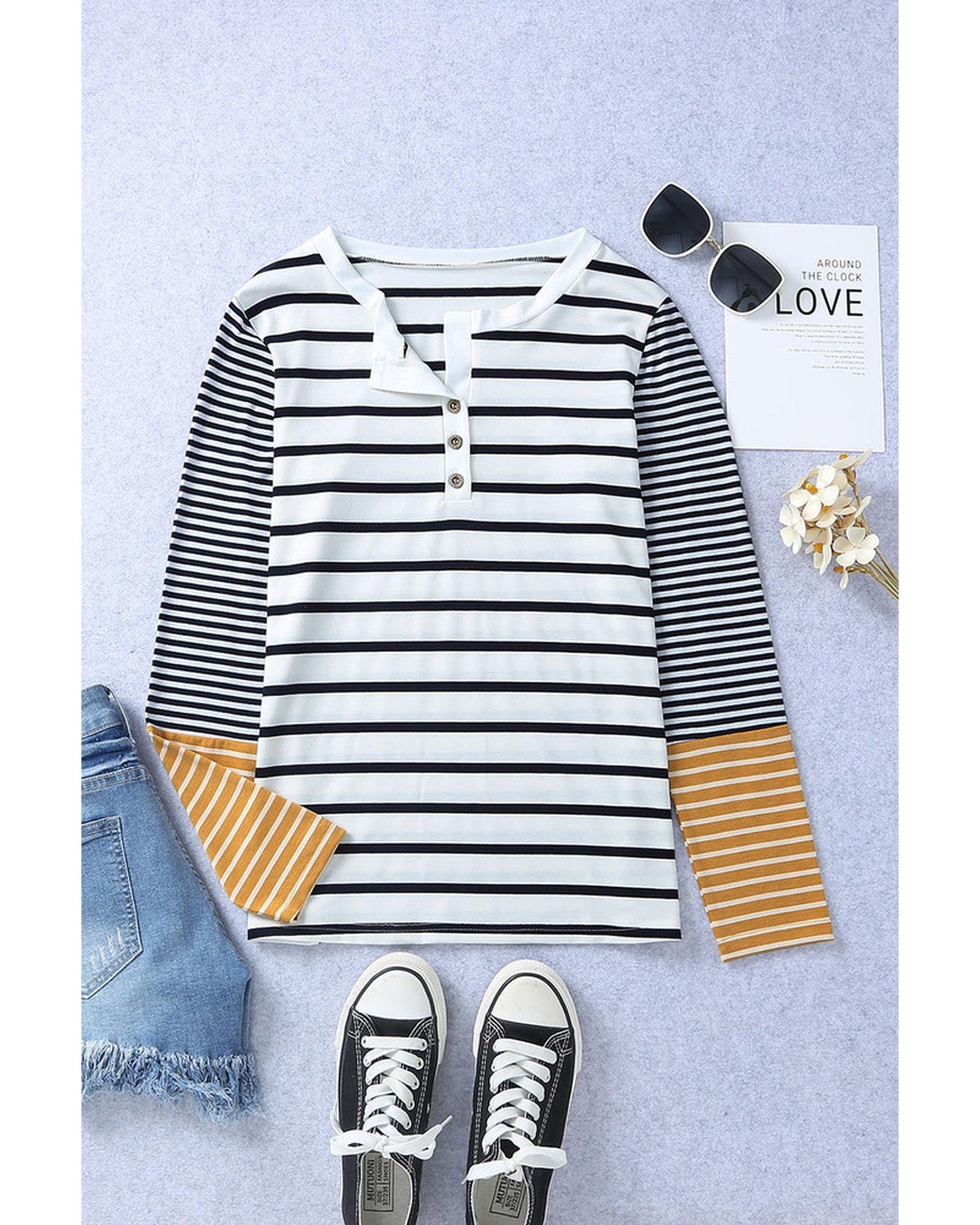 Azura Exchange Stripe Button Henley Top - L