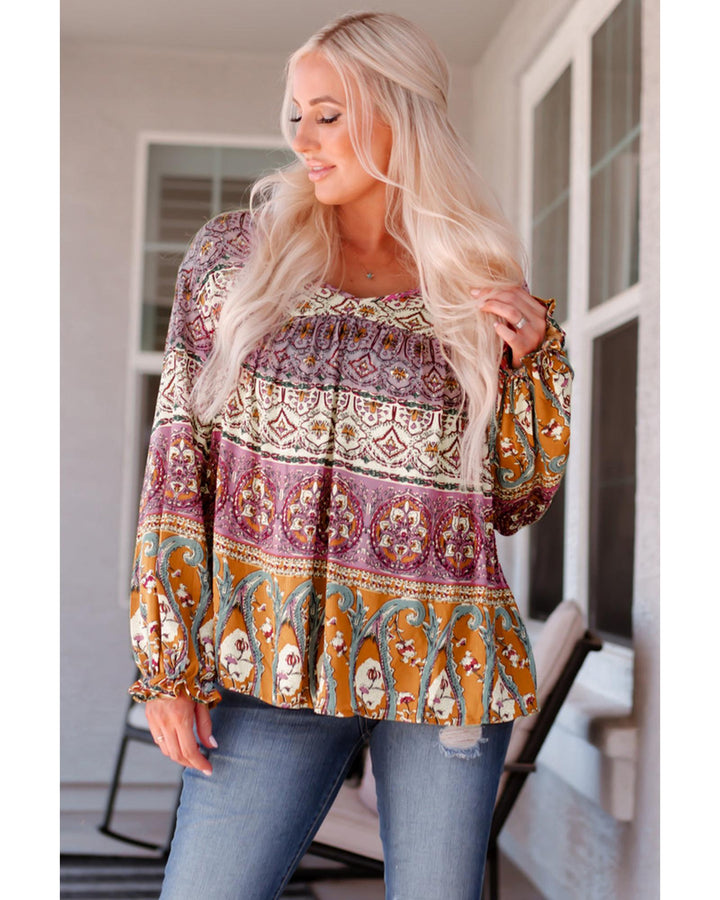 Azura Exchange Boho Print V Neck Bubble Sleeve Blouse - S