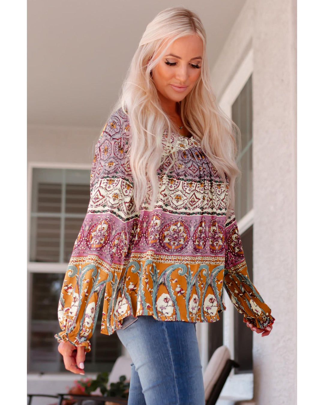 Azura Exchange Boho Print V Neck Bubble Sleeve Blouse - S