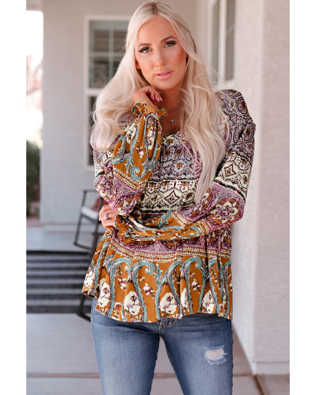 Azura Exchange Boho Print V Neck Bubble Sleeve Blouse - S